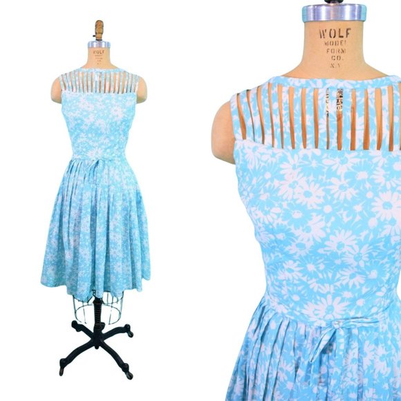 Vintage 1950s Sun Dress Caged Bodice Aqua Floral Sue BrettW 26